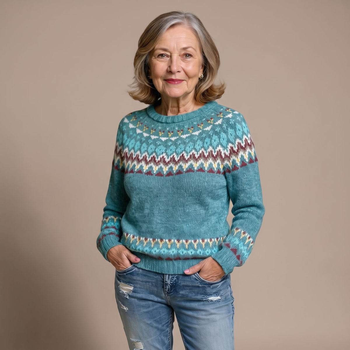Women's Fair Isle Crew-Neck Long-Sleeve Knit Sweater