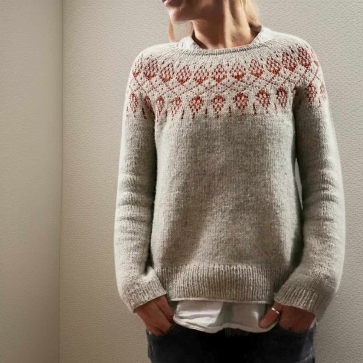 Women's Fair Isle Crewneck Knit Sweater Relaxed Pullover - Gray