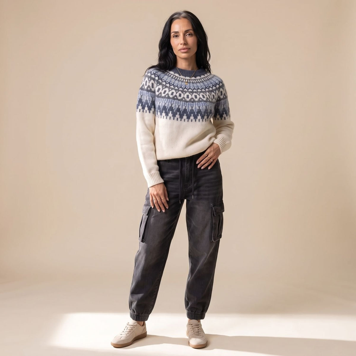 Women's Fair Isle Sweater Nordic Knit Crew Neck Pullover - Blue