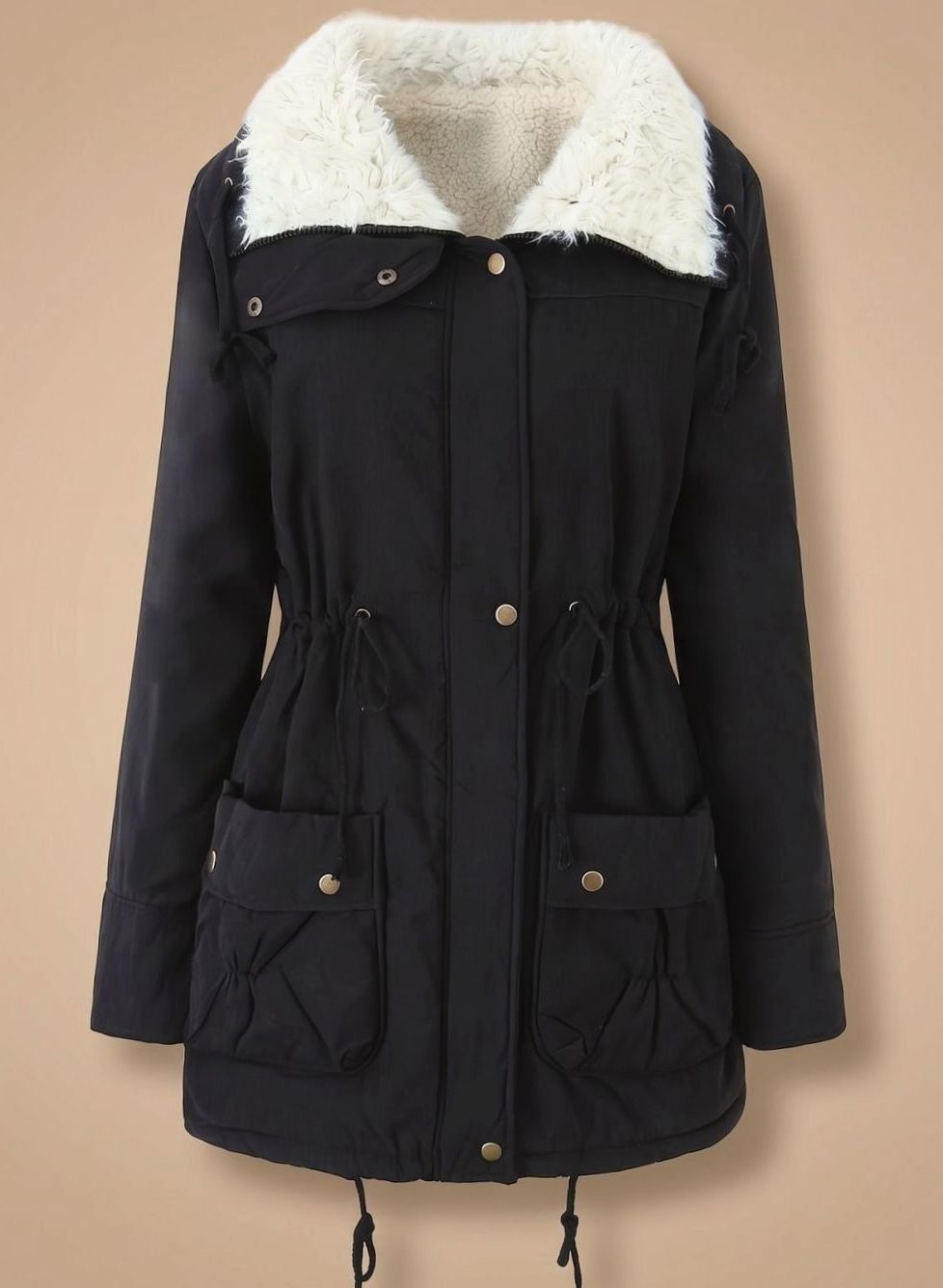 Women's Faux-Fur Collar Drawstring-Waist Insulated Parka Coat