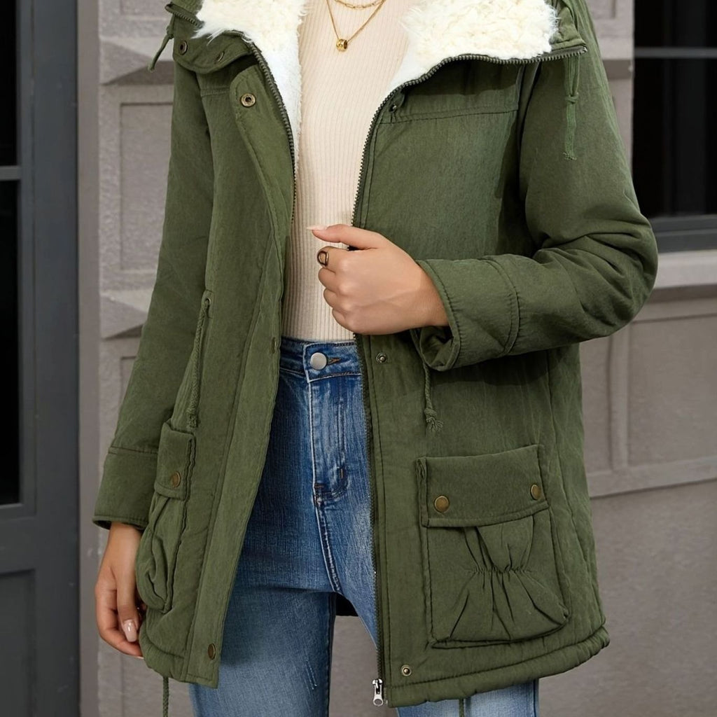 Women's Faux-Fur Collar Drawstring Waist Winter Parka - Olive Green