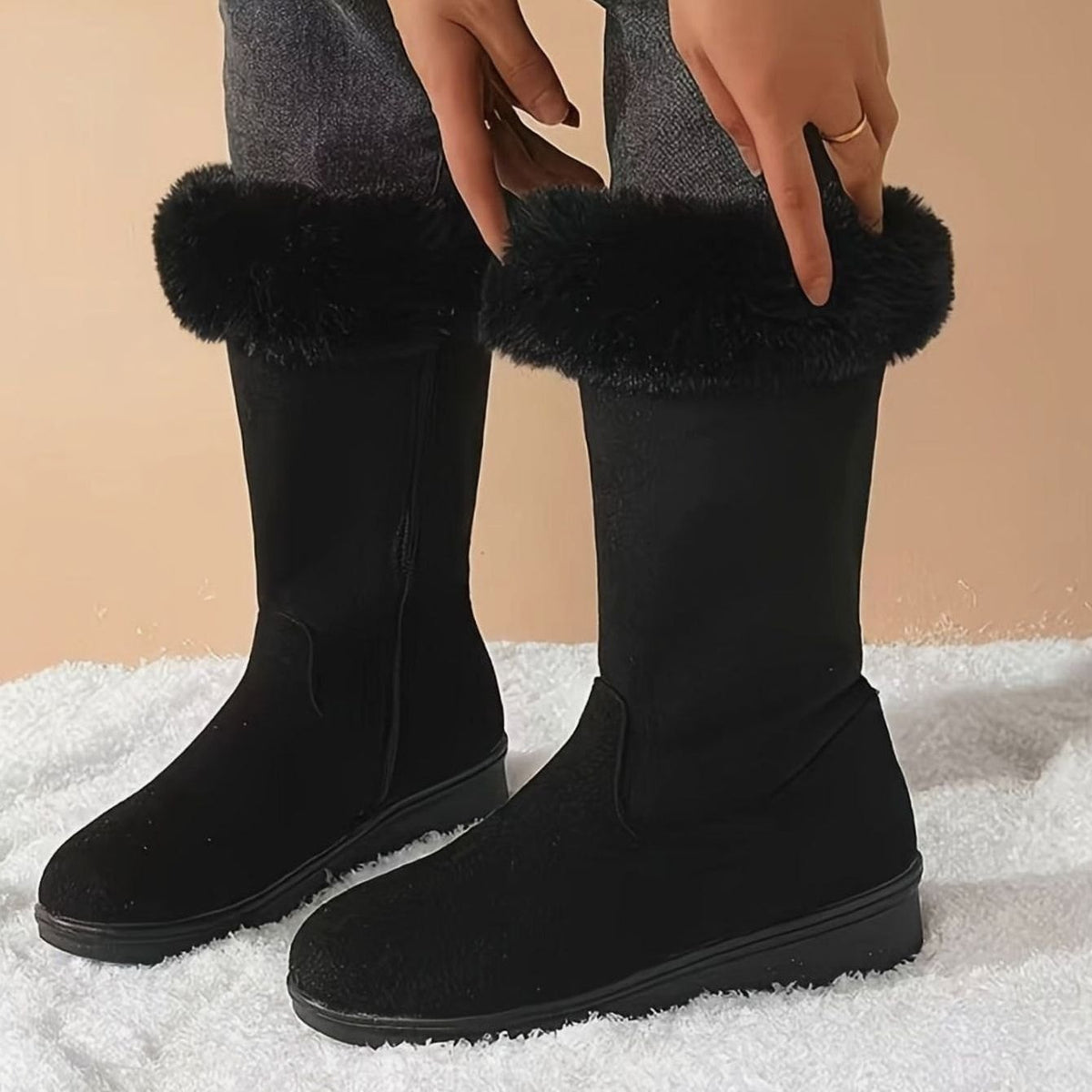 Women's Faux-Fur Cuffed Slip-On Mid-Calf Winter Snow Boots - Black
