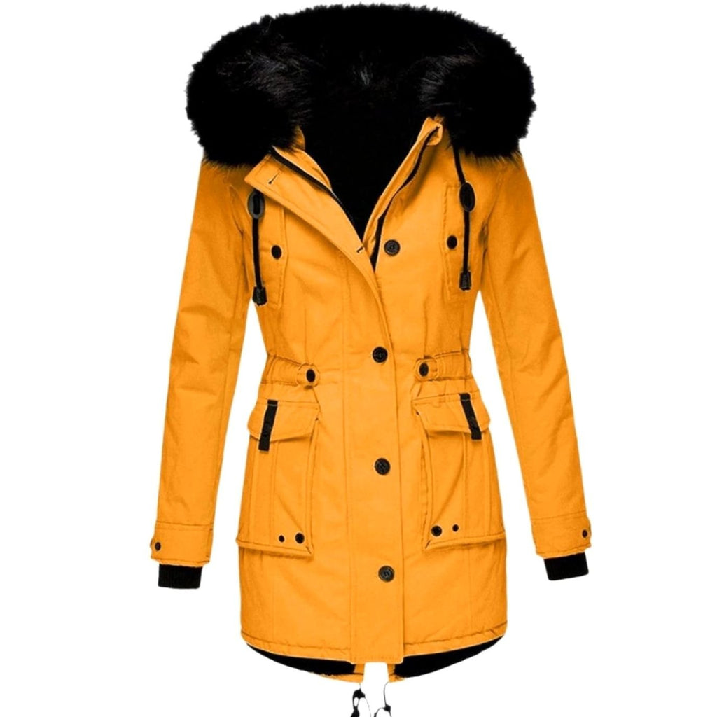 Women's Faux Fur Hood Belted Parka Winter Coat - Gold