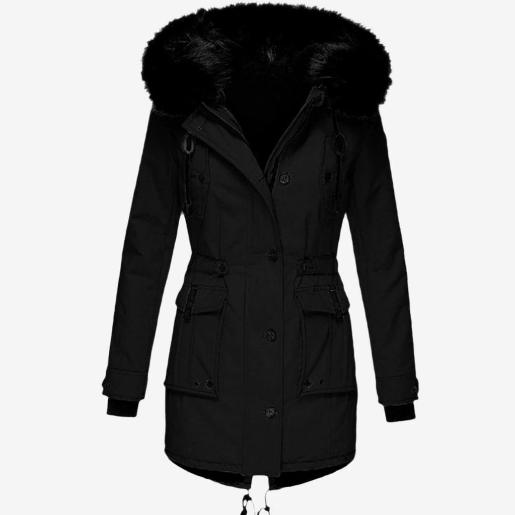 Women's Faux Fur Hood Belted Parka Winter Coat - Black