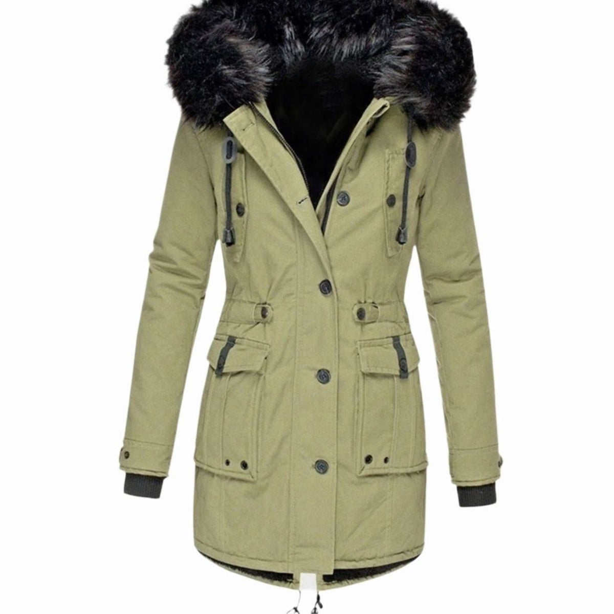 Women's Faux Fur Hood Belted Parka Winter Coat - Green