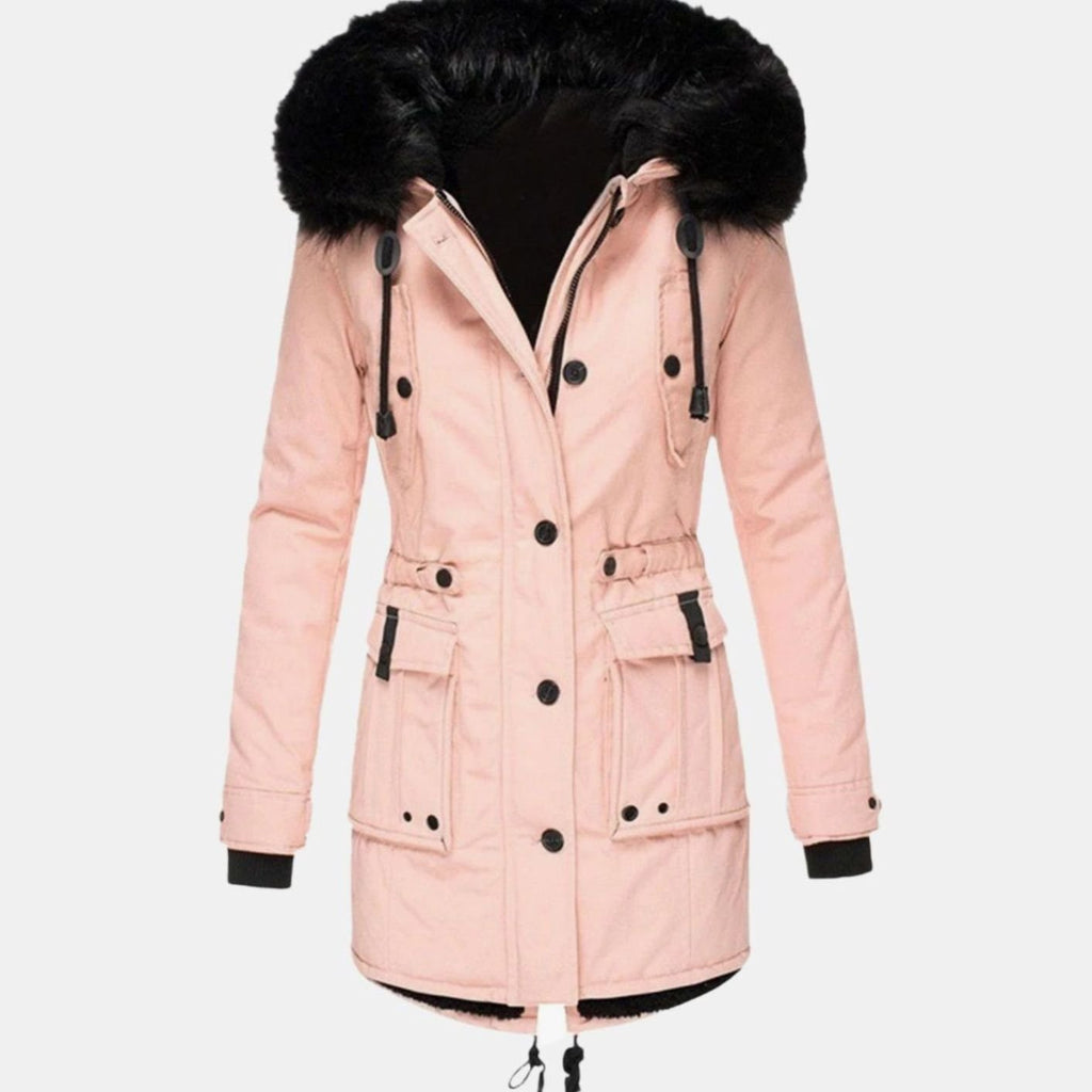 Women's Faux Fur Hood Belted Parka Winter Coat - Pink