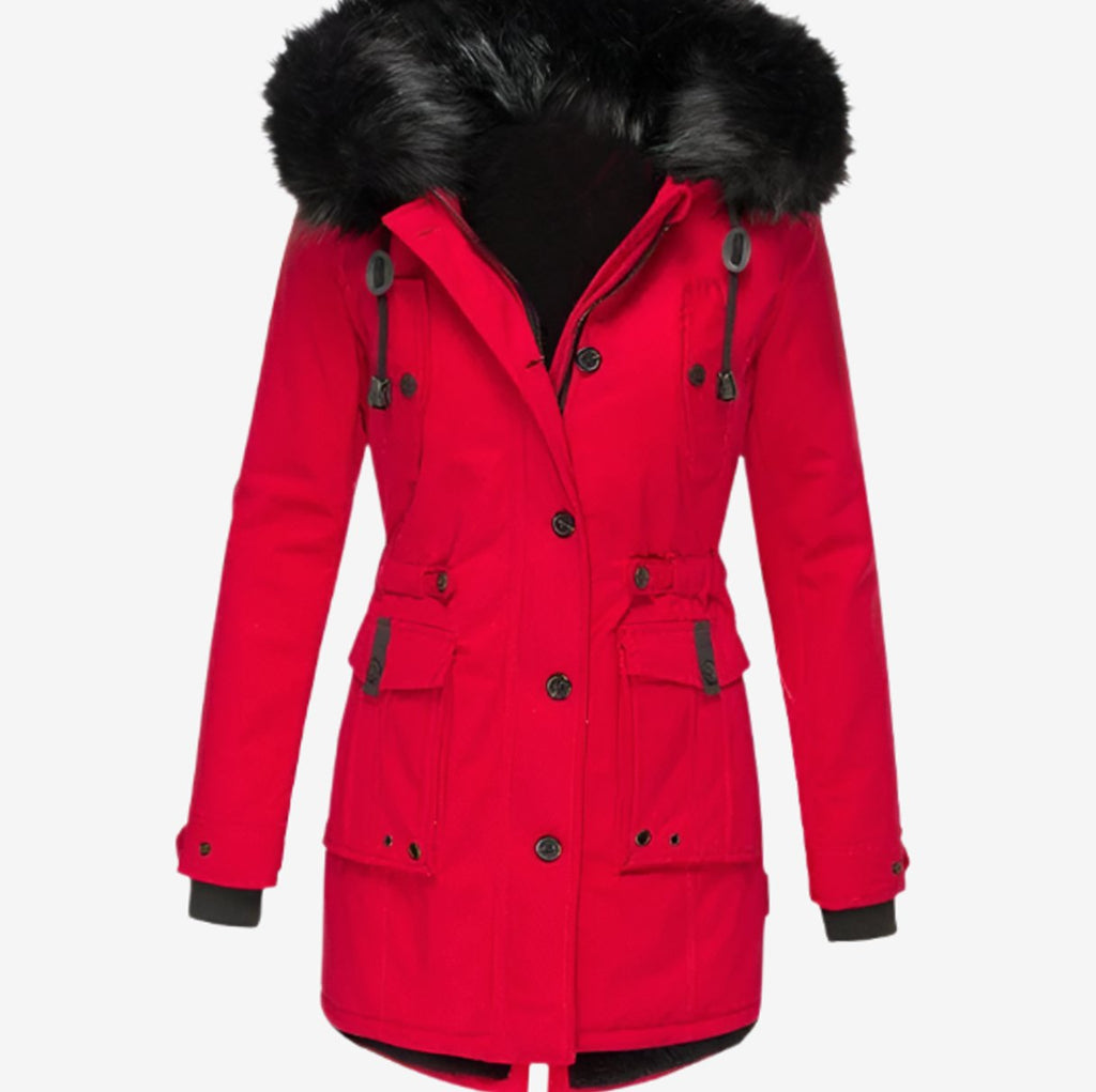 Women's Faux Fur Hood Belted Parka Winter Coat - Red
