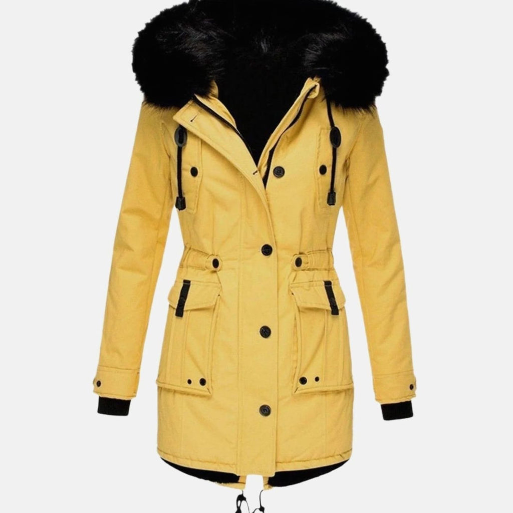 Women's Faux Fur Hood Belted Parka Winter Coat - Yellow