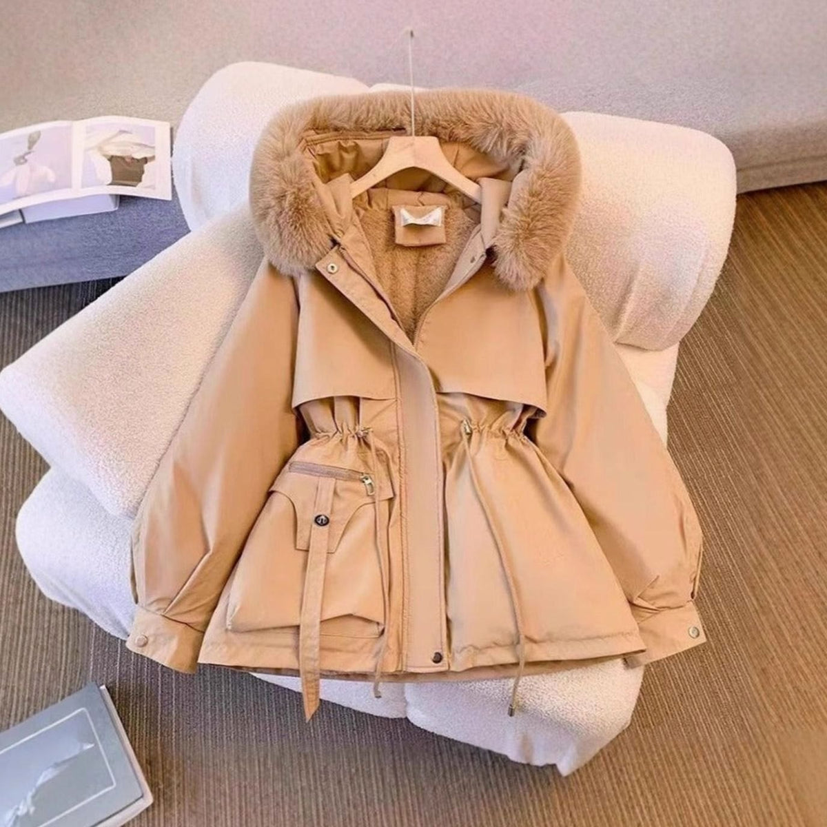 Women's Faux Fur Hooded Drawstring-Waist Winter Coat - Khaki