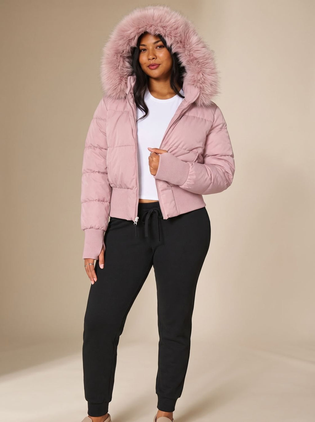 Women's Faux Fur Hooded Fitted Puffer Jacket - Red