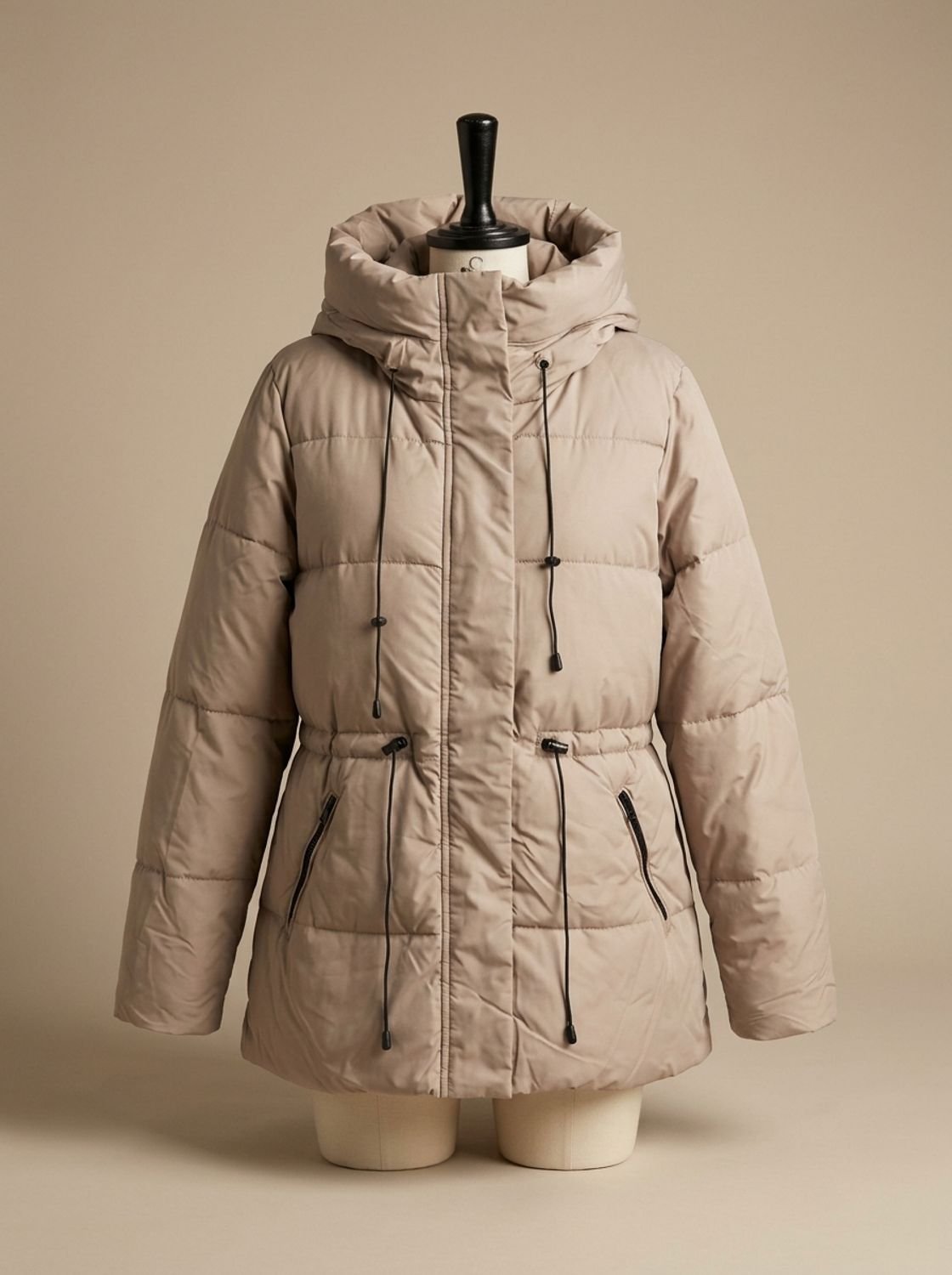 Women's Faux Fur Hooded Fitted Puffer Jacket - Khaki