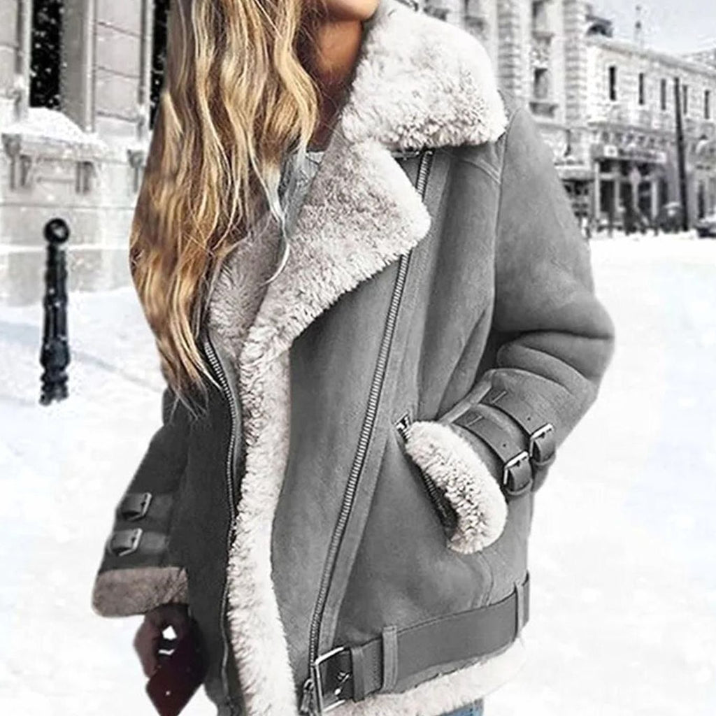Women's Faux Fur Lined Suede Belted Moto Jacket - Gray