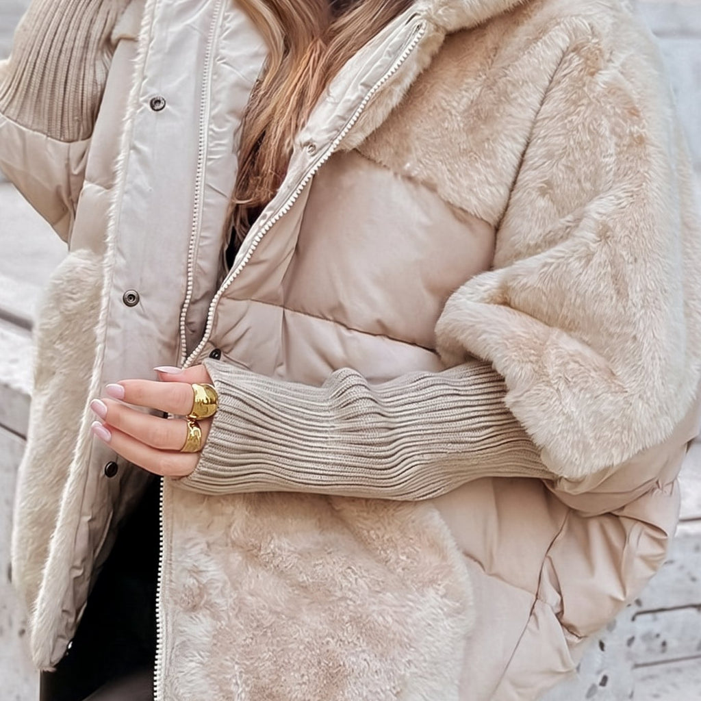 Women's Faux Fur Quilted Plush Hooded Winter Coat - Beige