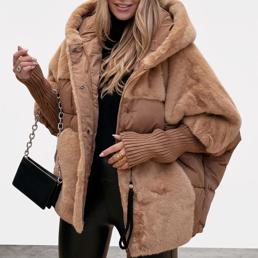 Women's Faux Fur Quilted Plush Hooded Winter Coat - Brown