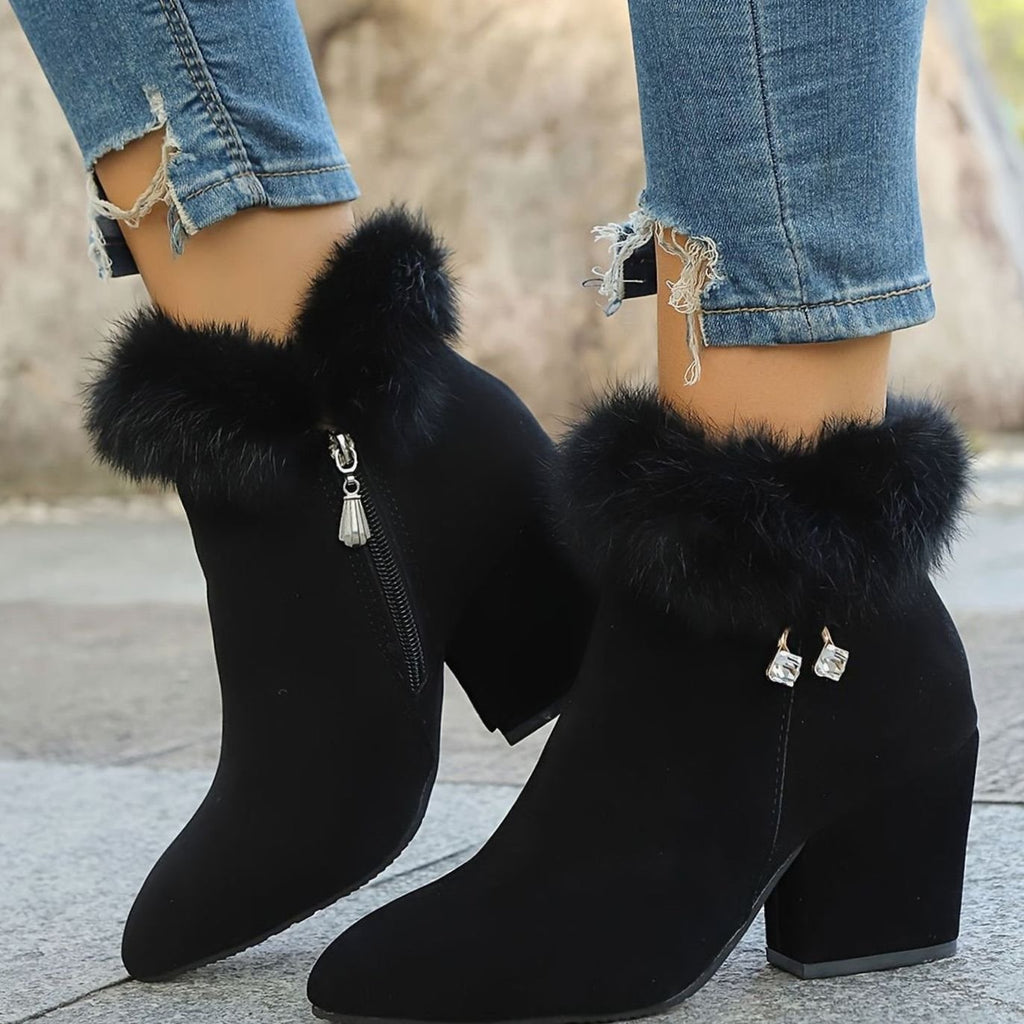 Women's Faux-Fur Trim Block-Heel Black Ankle Boots - Black