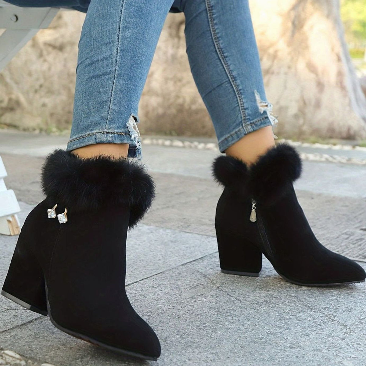 Women's Faux-Fur Trim Block-Heel Black Ankle Boots