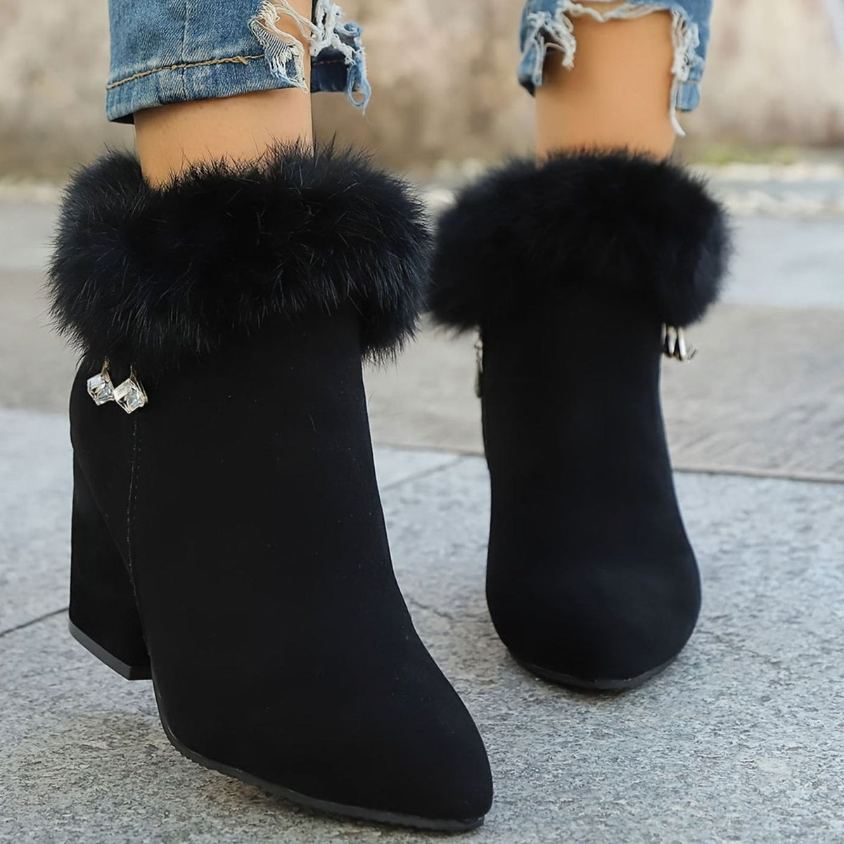Women's Faux-Fur Trim Block-Heel Black Ankle Boots