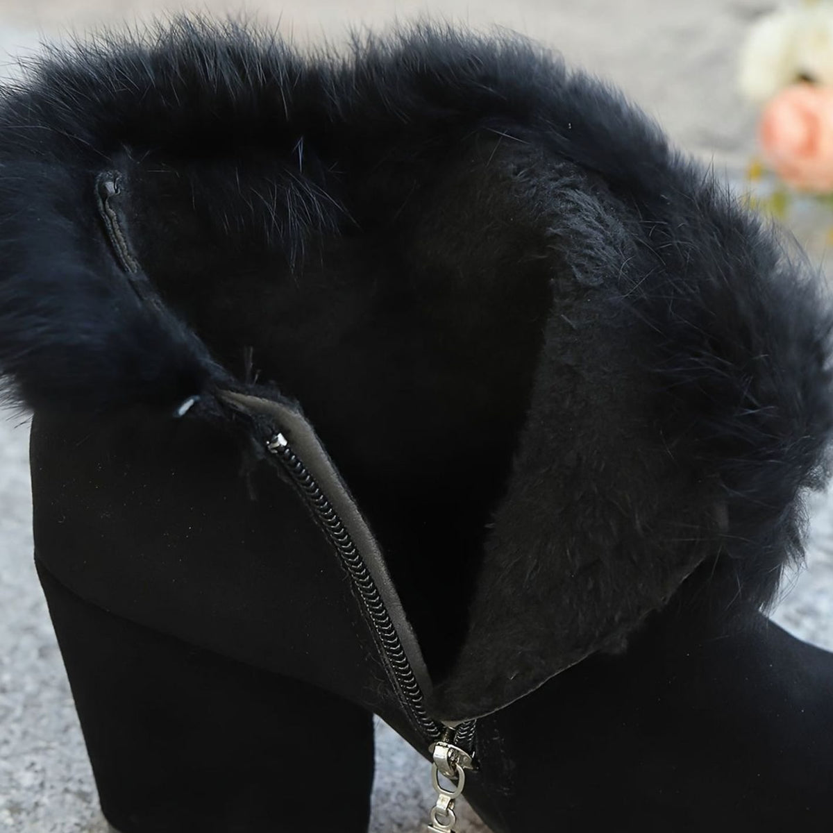 Women's Faux-Fur Trim Block-Heel Black Ankle Boots