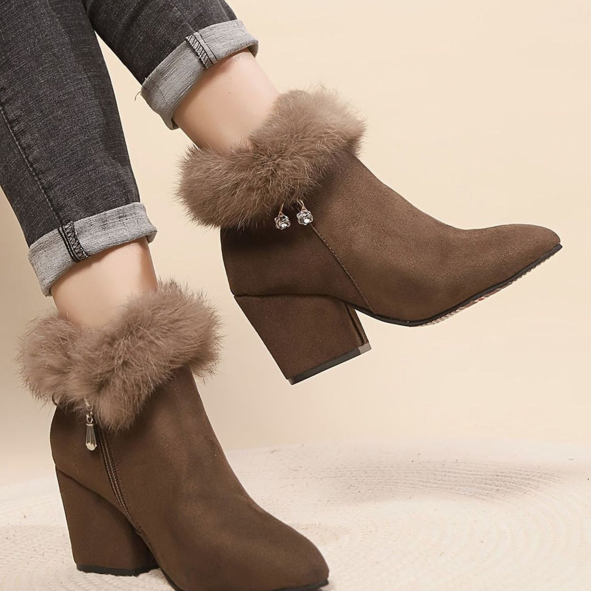 Women's Faux-Fur Trim Block-Heel Black Ankle Boots