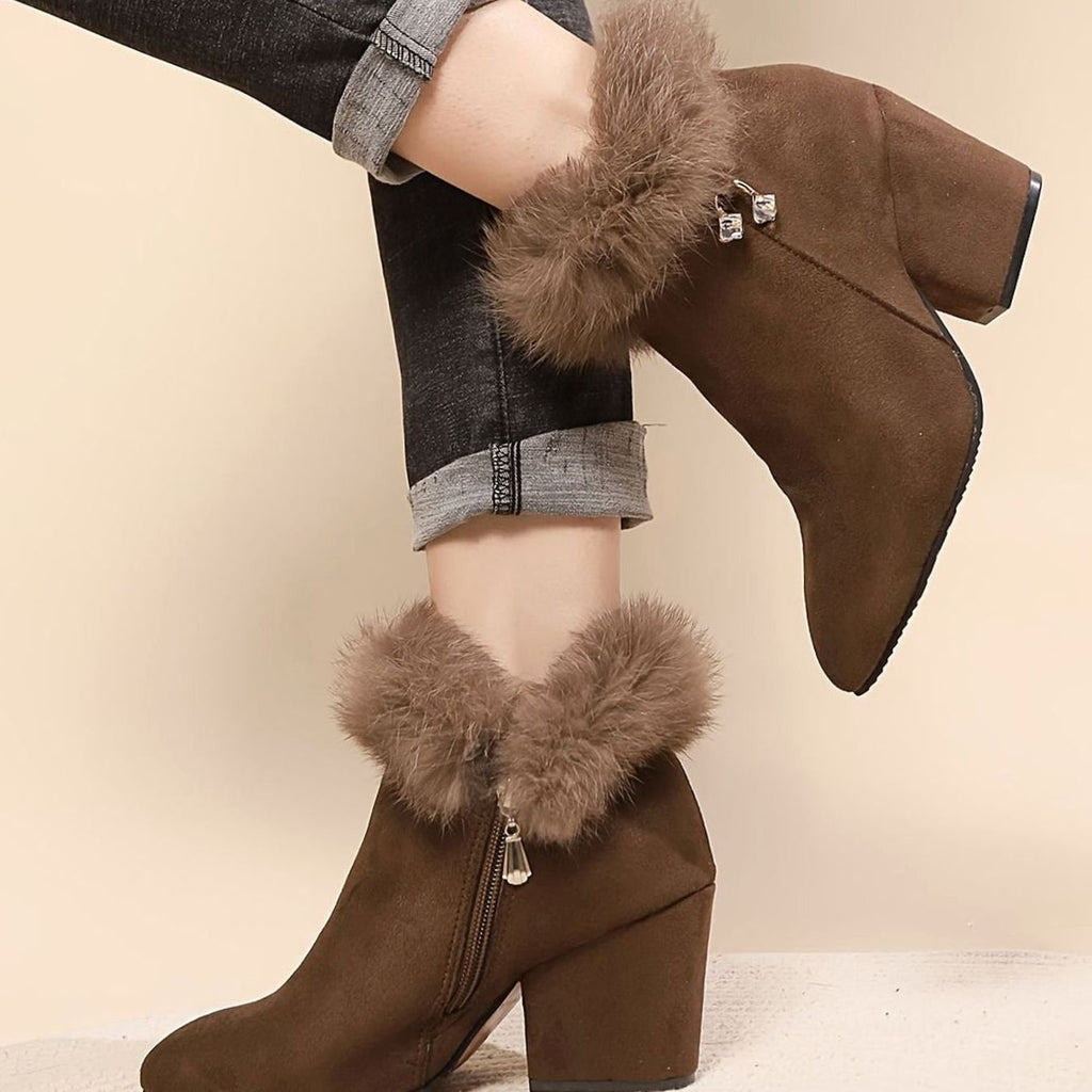 Women's Faux-Fur Trim Block-Heel Black Ankle Boots