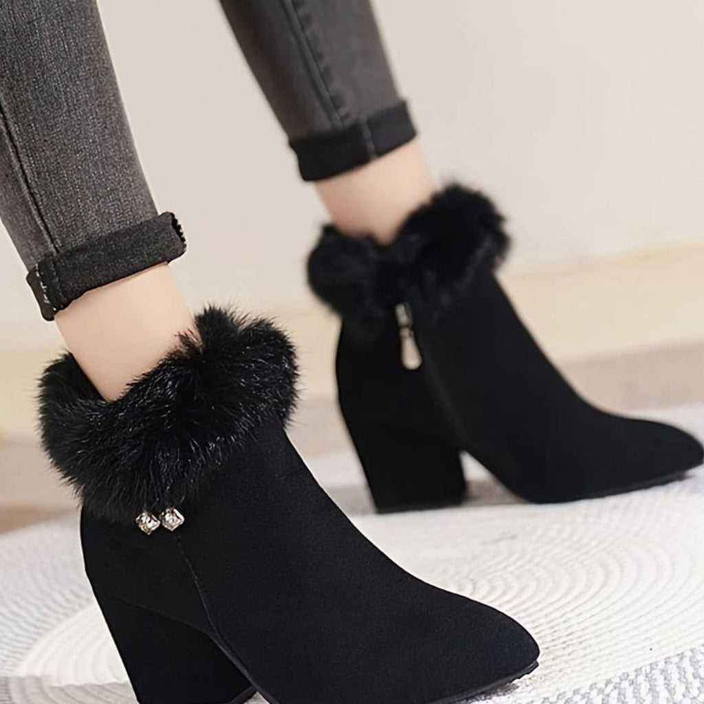 Women's Faux-Fur Trim Block-Heel Black Ankle Boots