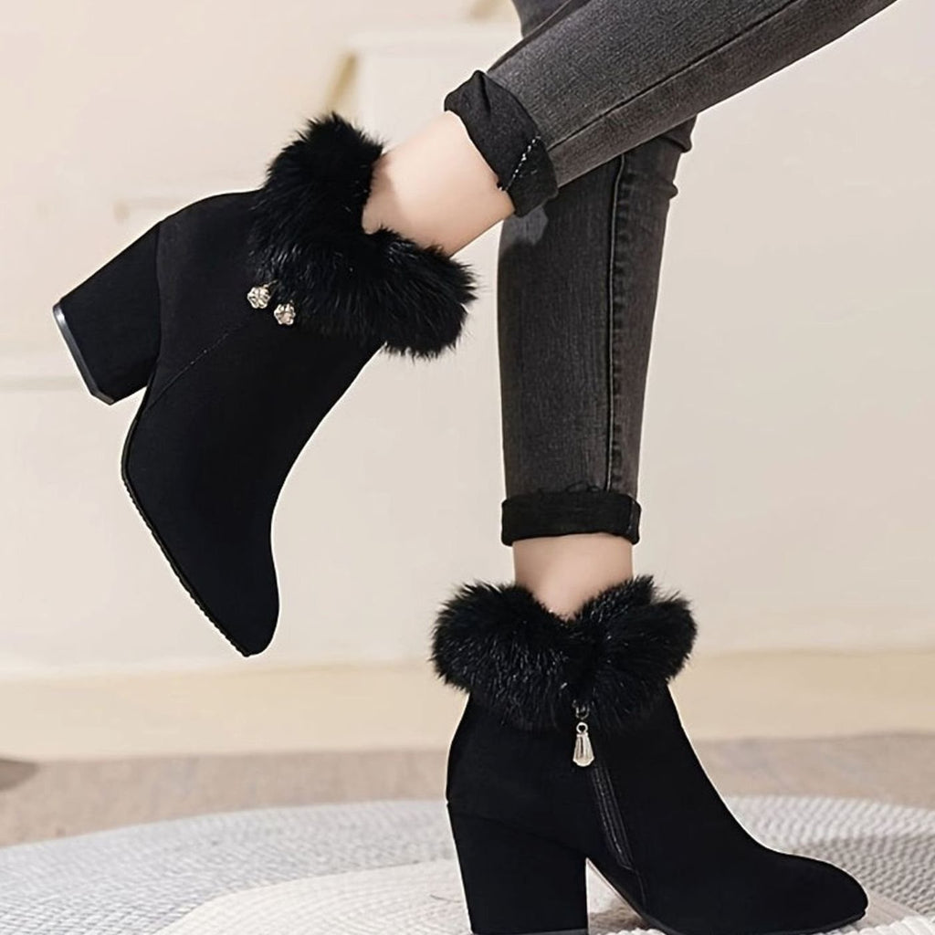 Women's Faux-Fur Trim Block-Heel Black Ankle Boots
