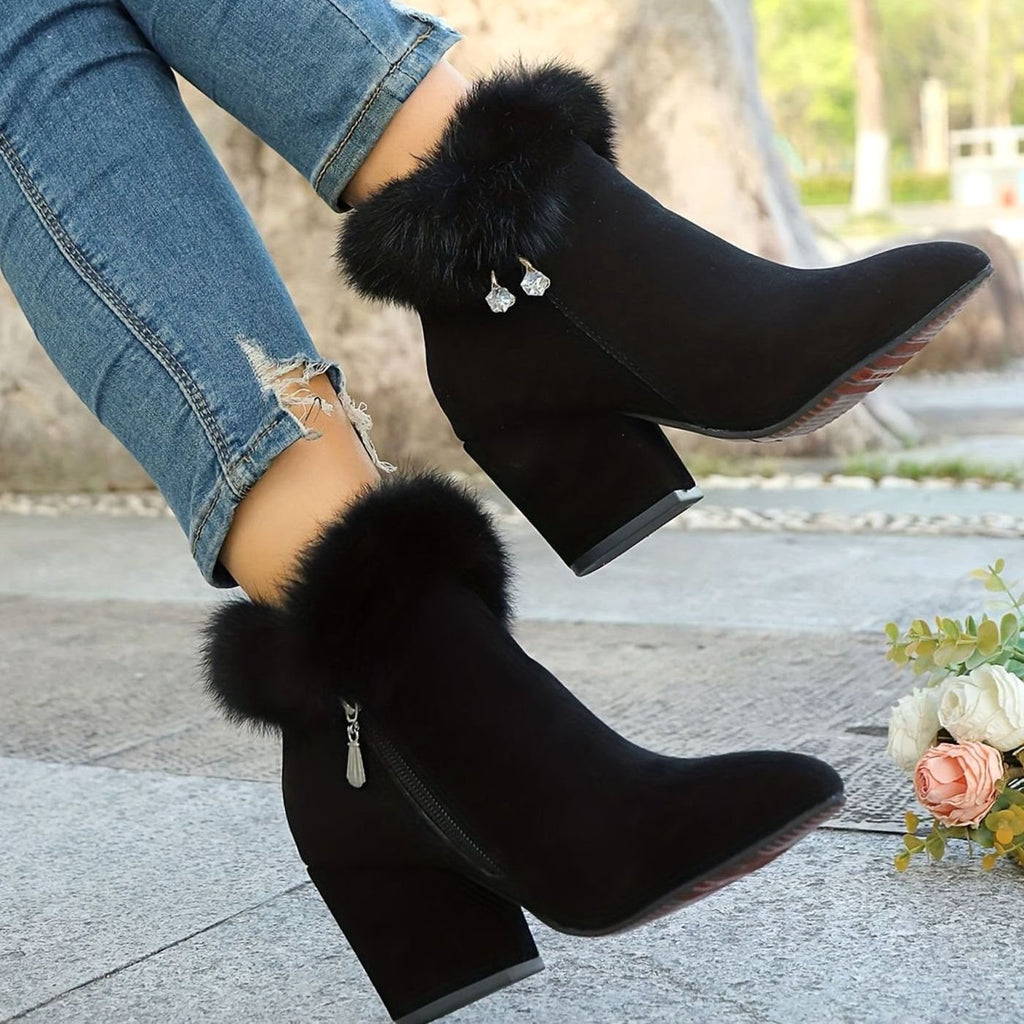 Women's Faux-Fur Trim Block-Heel Black Ankle Boots