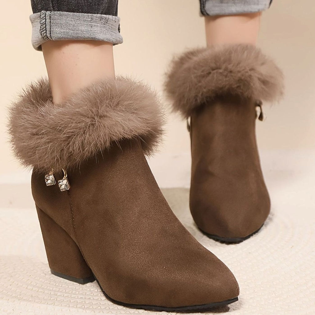 Women's Faux-Fur Trim Block-Heel Black Ankle Boots - Dark Brown