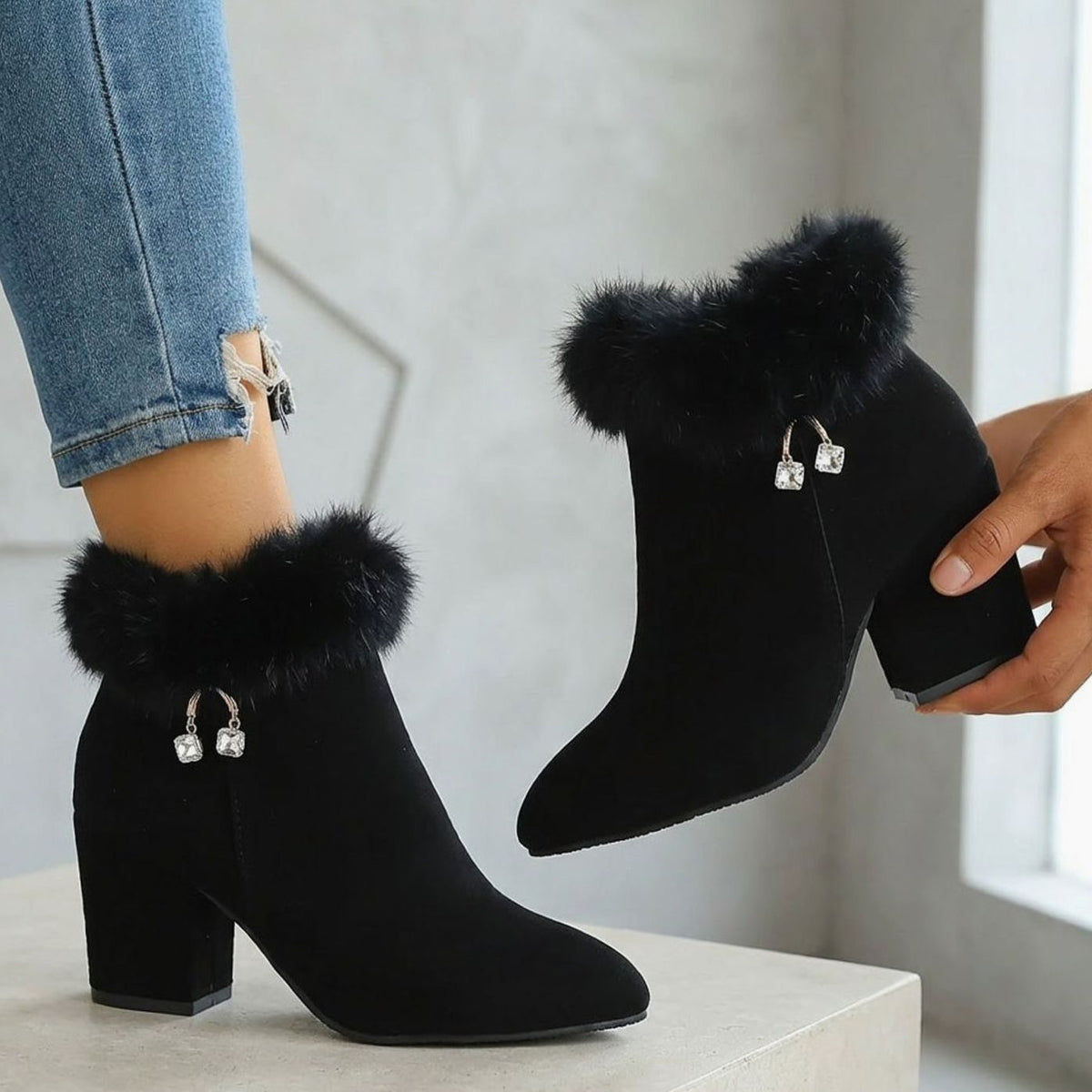 Women's Faux-Fur Trim Block-Heel Black Ankle Boots