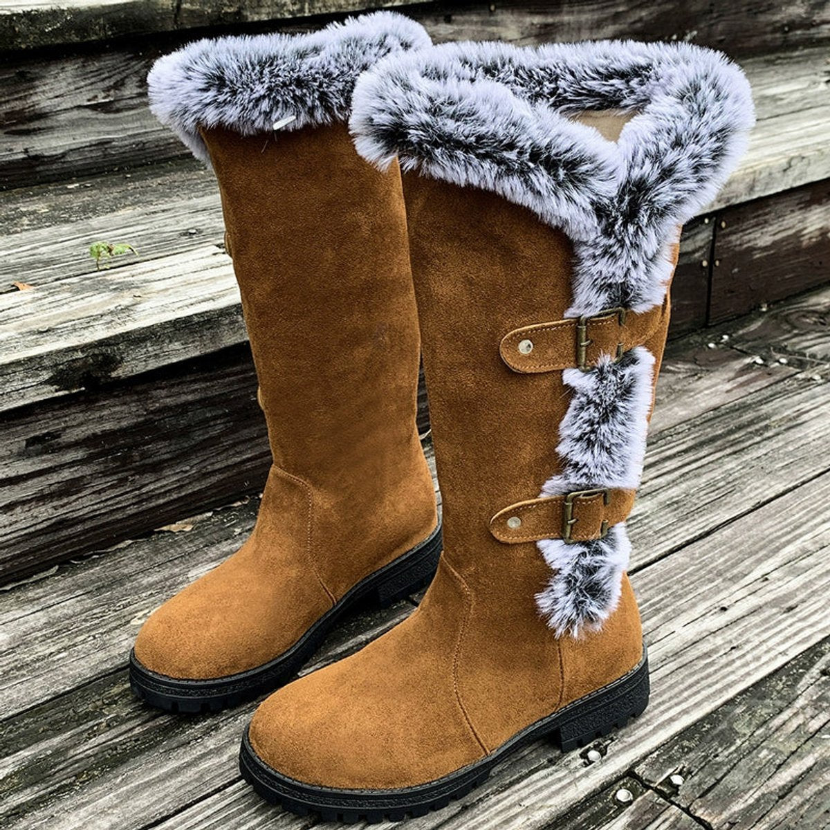 Women's Faux-Fur Trim Buckle Suede Knee High Boots
