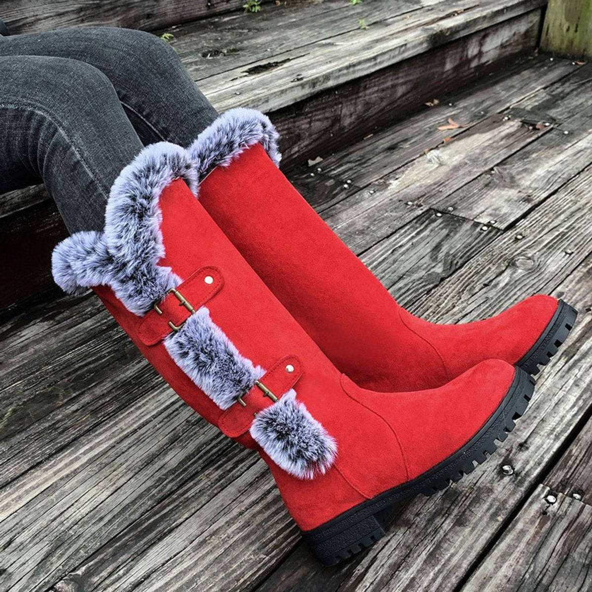 Women's Faux-Fur Trim Buckle Suede Knee High Boots