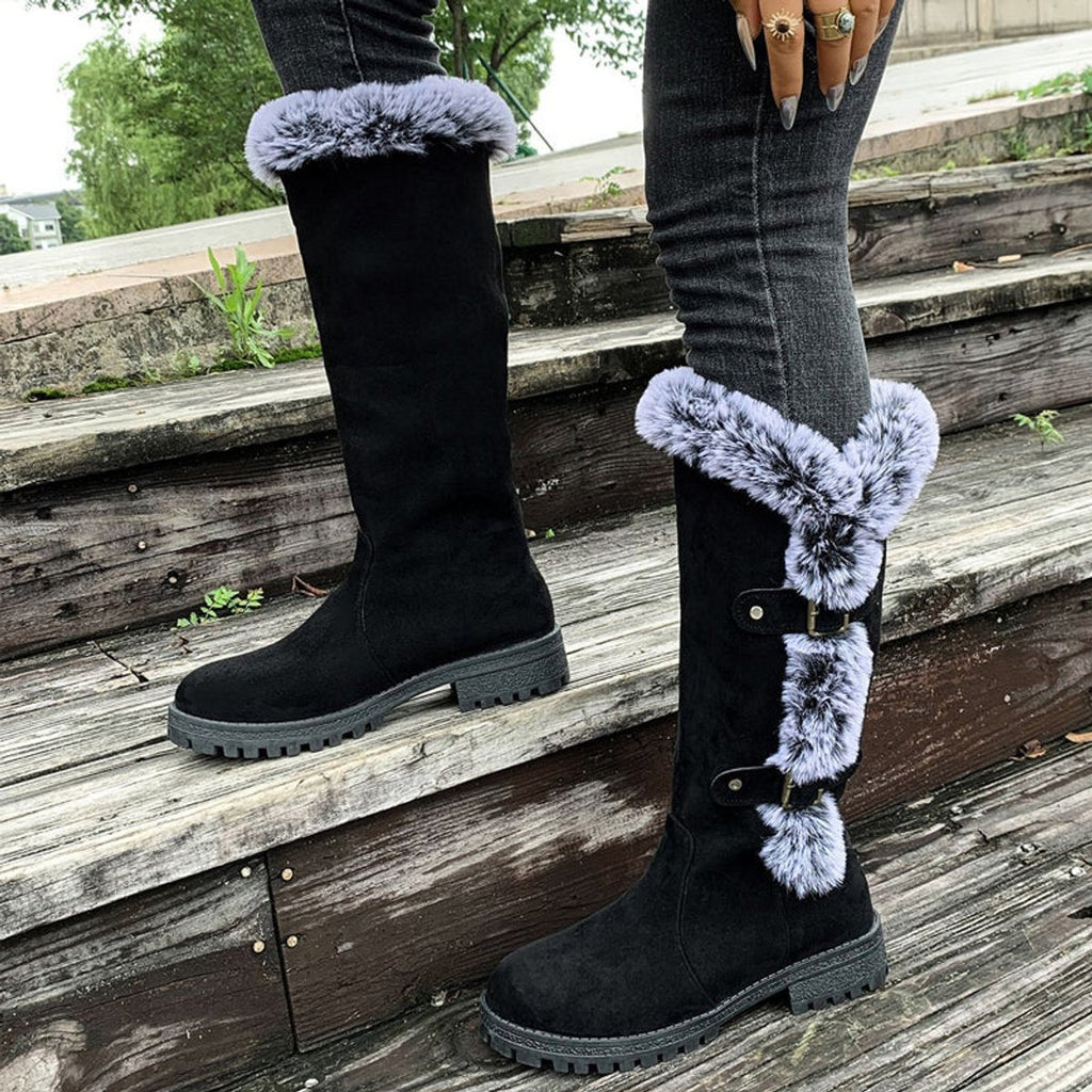 Women's Faux-Fur Trim Buckle Suede Knee High Boots