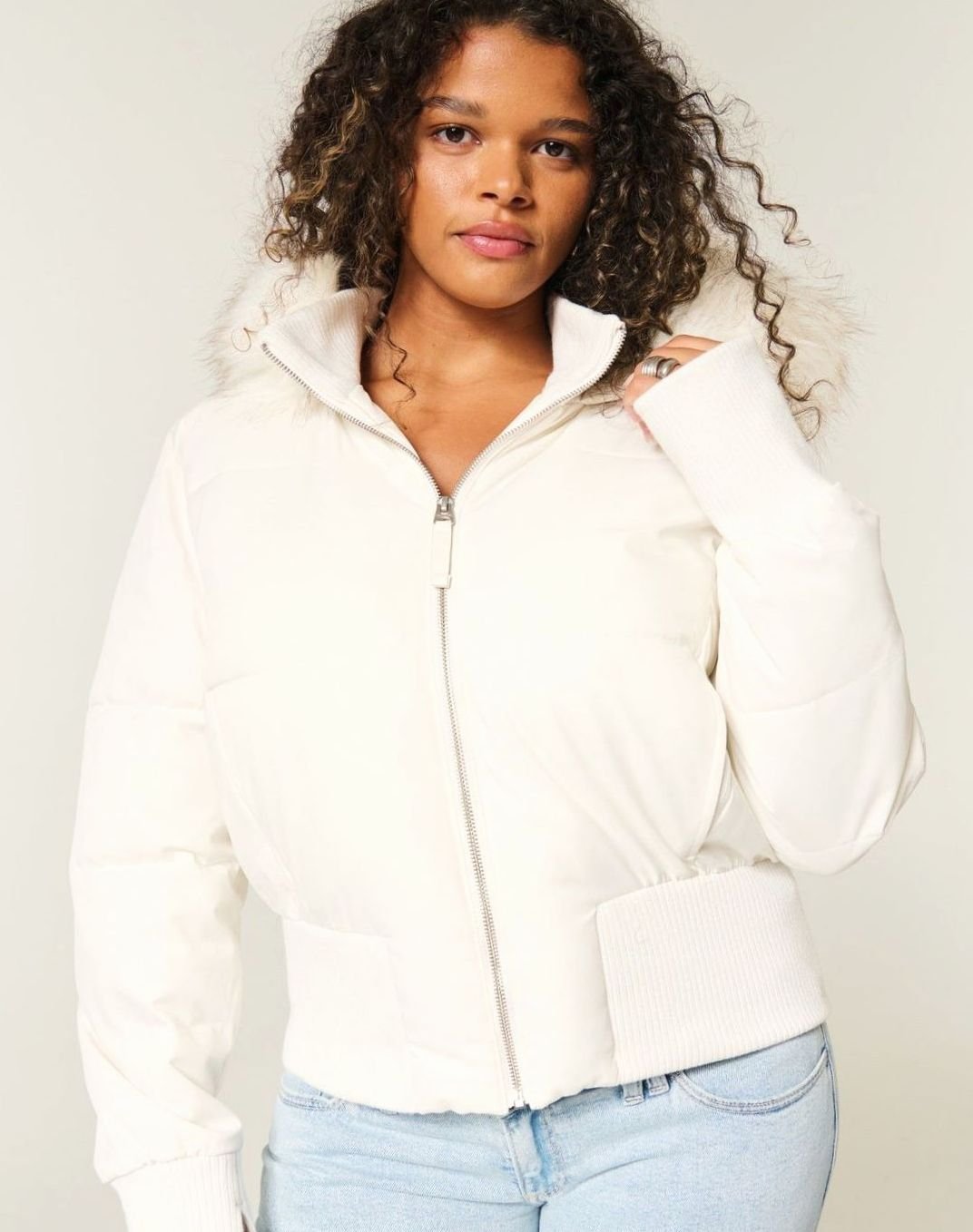 Women's Faux-Fur Trim Zip-Up Cropped Hooded Jacket - White