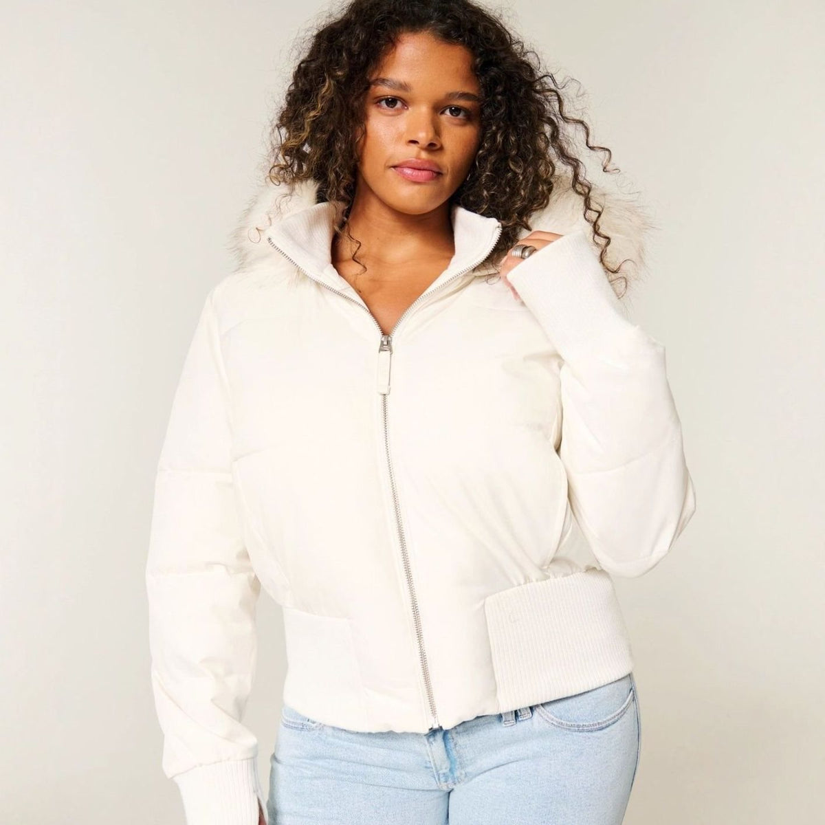 Women's Faux-Fur Trim Zip-Up Cropped Hooded Jacket