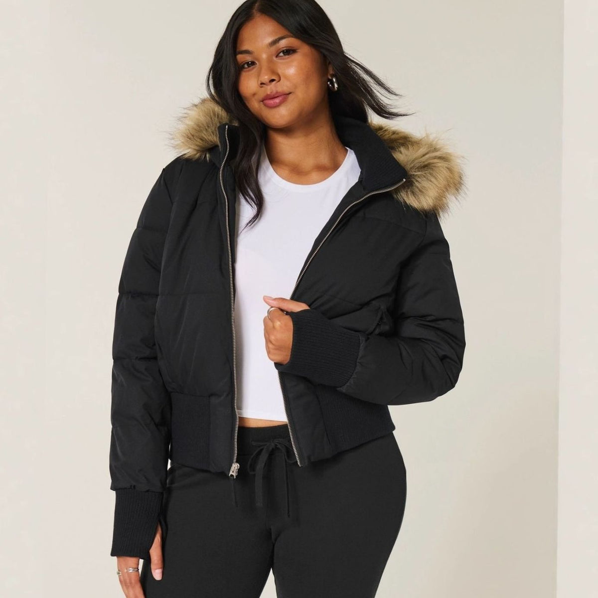 Women's Faux-Fur Trim Zip-Up Cropped Hooded Jacket