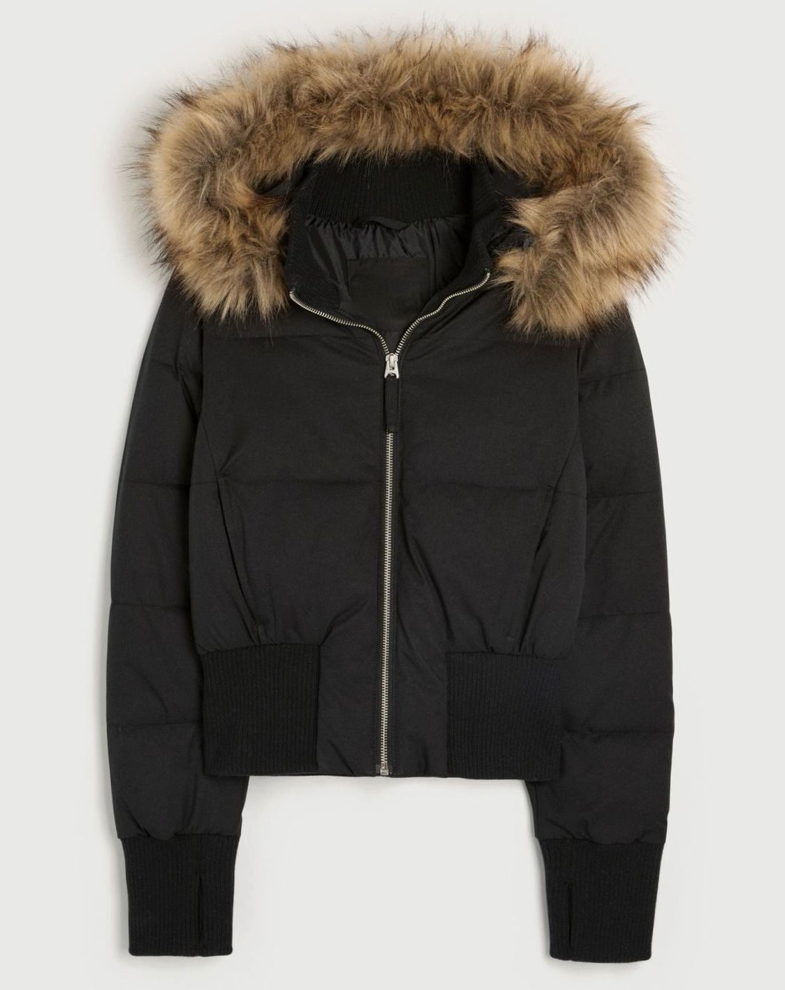 Women's Faux-Fur Trim Zip-Up Cropped Hooded Jacket - Black