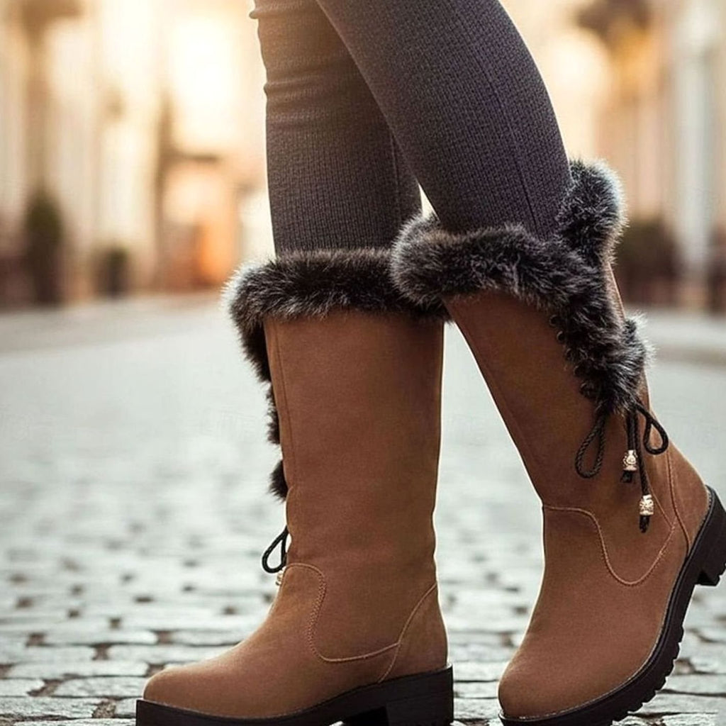 Women's Faux Fur-Trimmed Knee-High Suede Snow Boots - Yellow