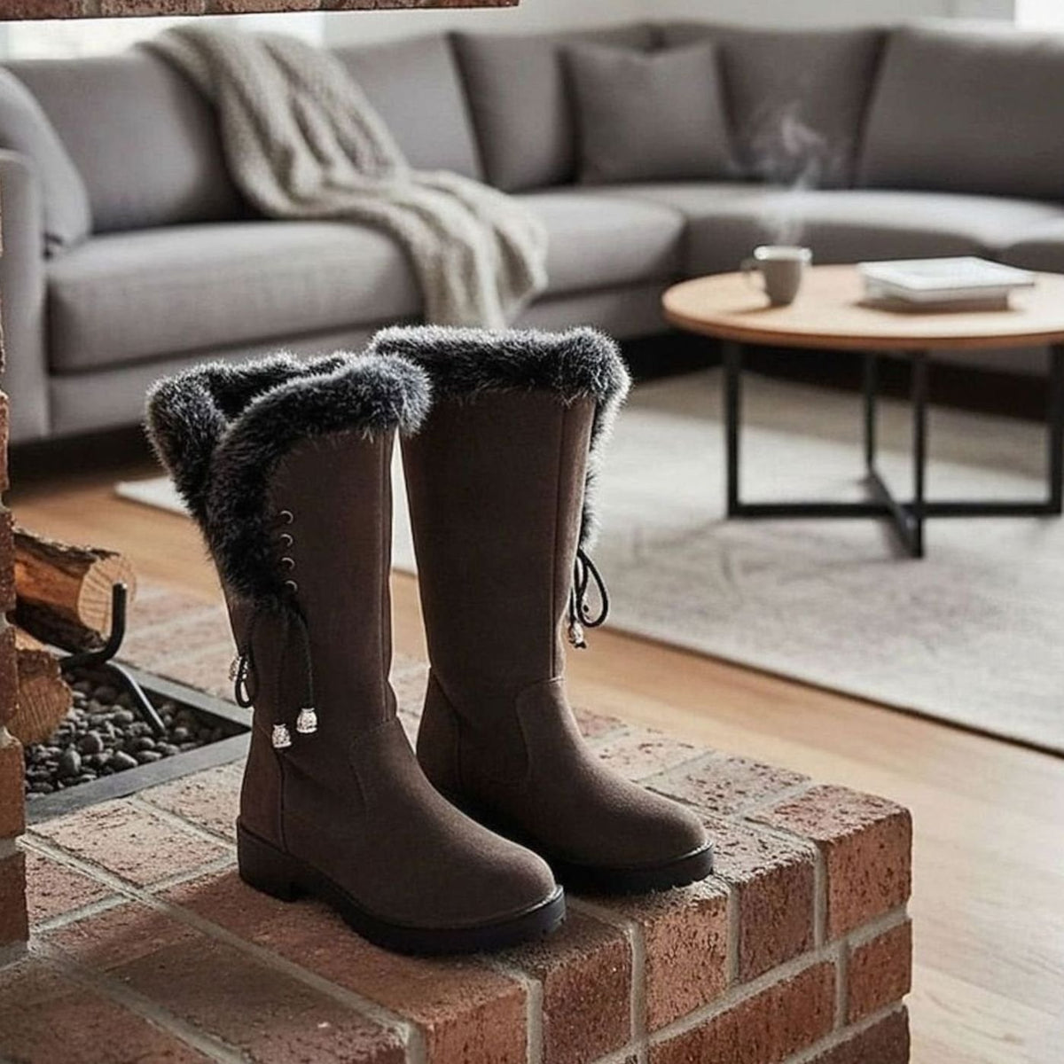Women's Faux Fur-Trimmed Knee-High Suede Snow Boots - Dark Brown