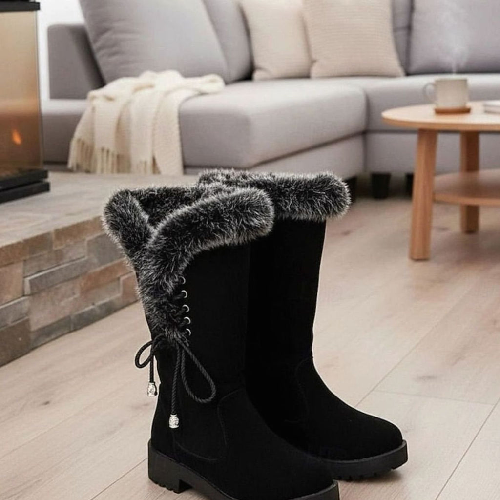 Women's Faux Fur-Trimmed Knee-High Suede Snow Boots - Black