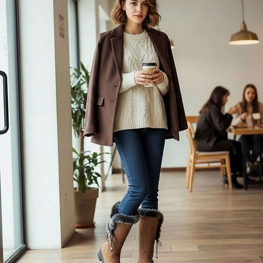 Women's Faux Fur-Trimmed Knee-High Suede Snow Boots