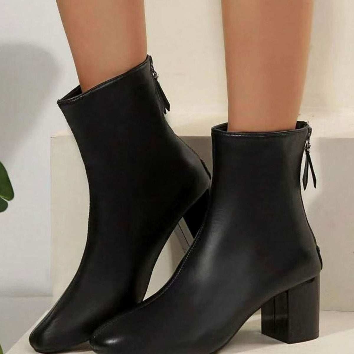 Women's Faux Leather Block-Heel Zip-Up Ankle Boots