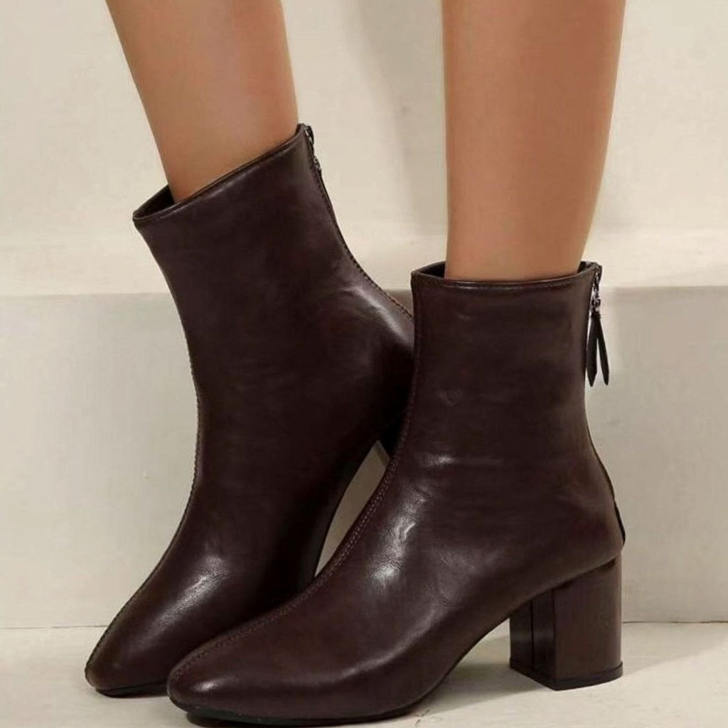 Women's Faux Leather Block-Heel Zip-Up Ankle Boots