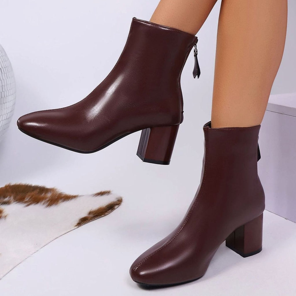 Women's Faux Leather Block-Heel Zip-Up Ankle Boots