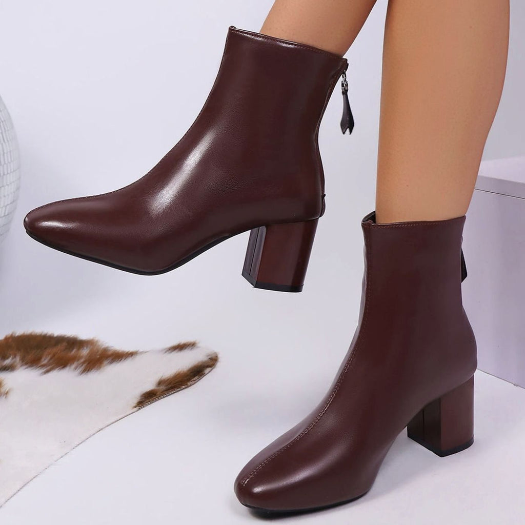 Women's Faux Leather Block-Heel Zip-Up Ankle Boots - Brown