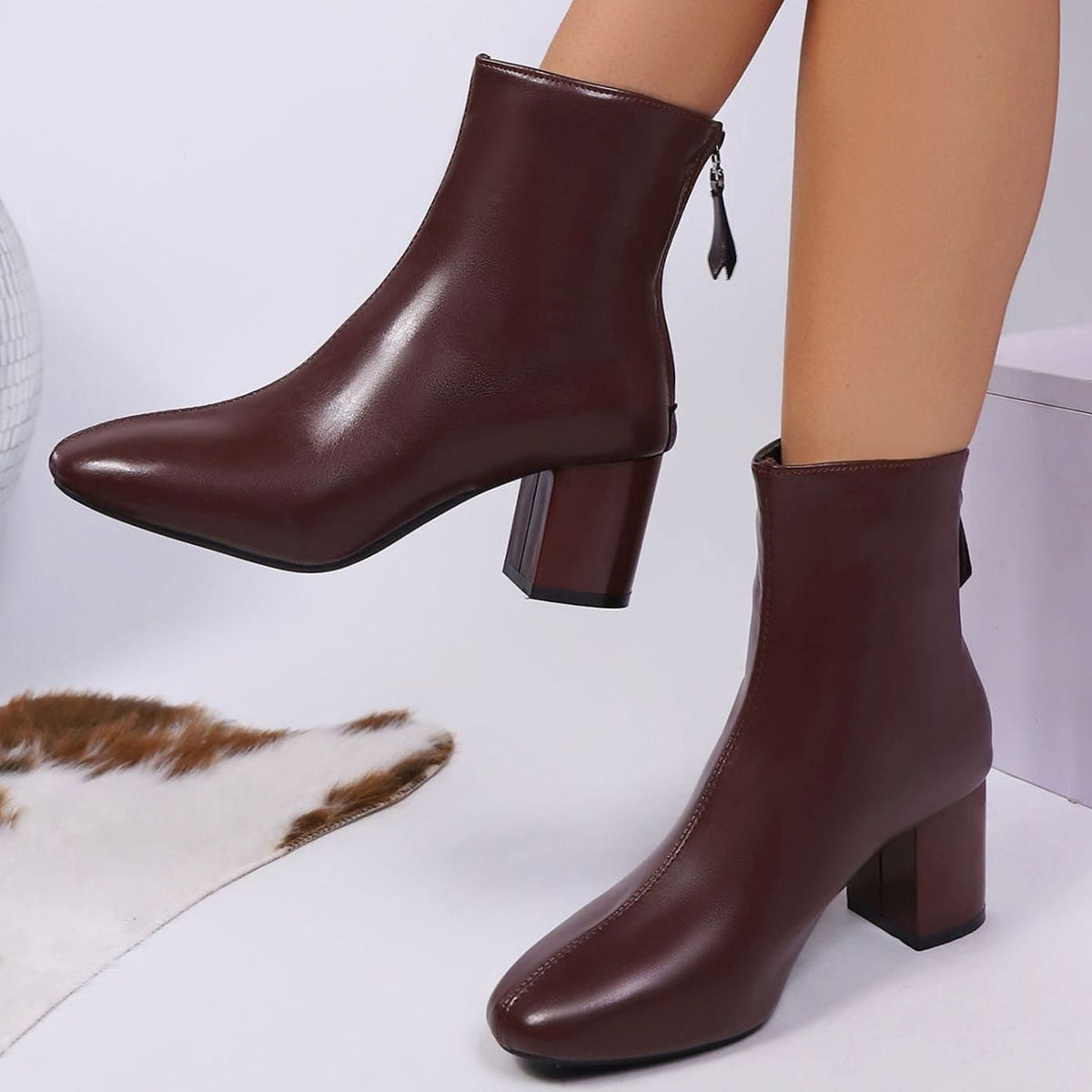 Women's Faux Leather Block-Heel Zip-Up Ankle Boots - Brown
