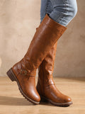 Women's Faux Leather Knee High Boots Buckle Side-Zip - Brown