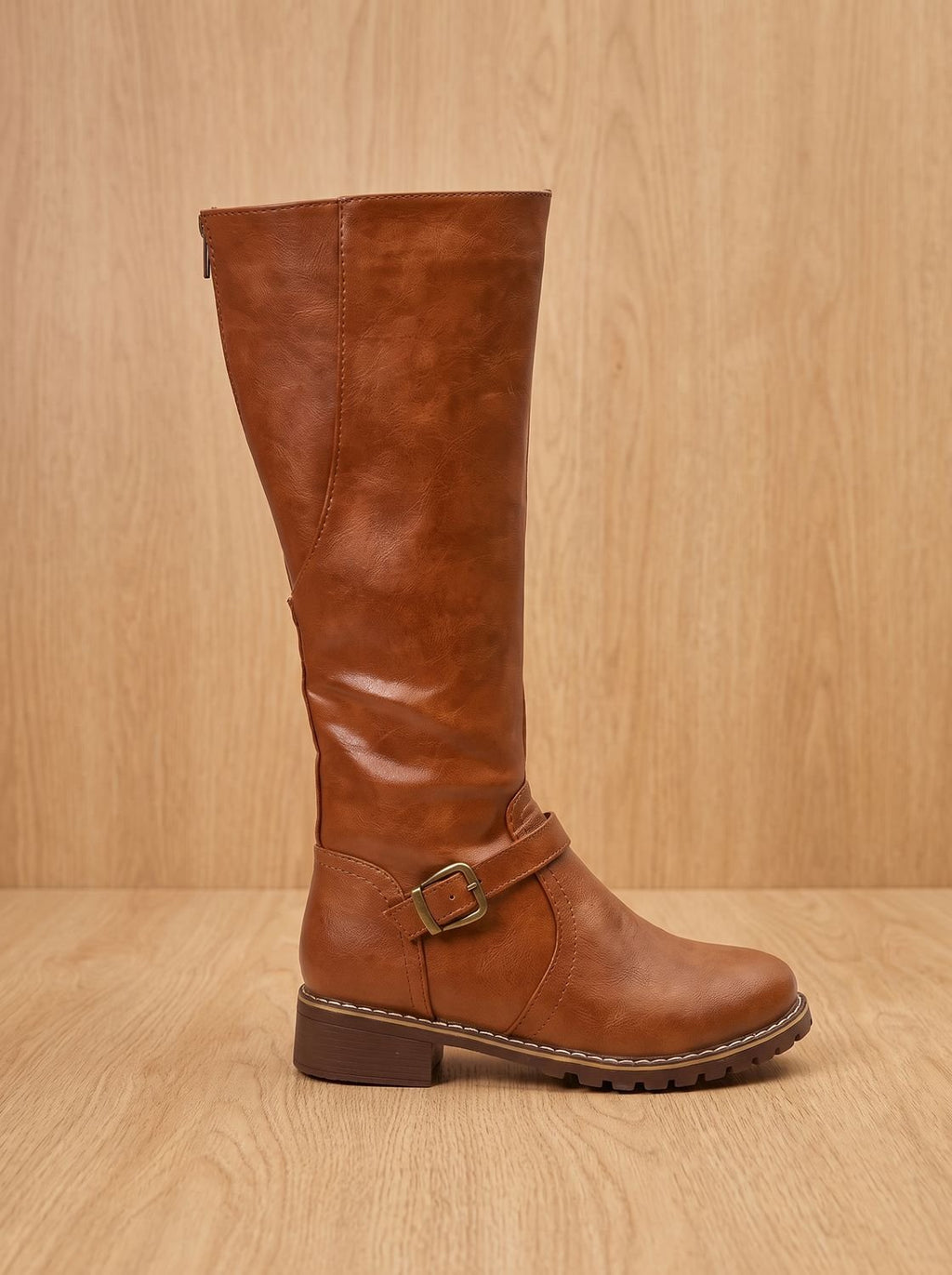 Women's Faux Leather Knee High Boots Buckle Side-Zip