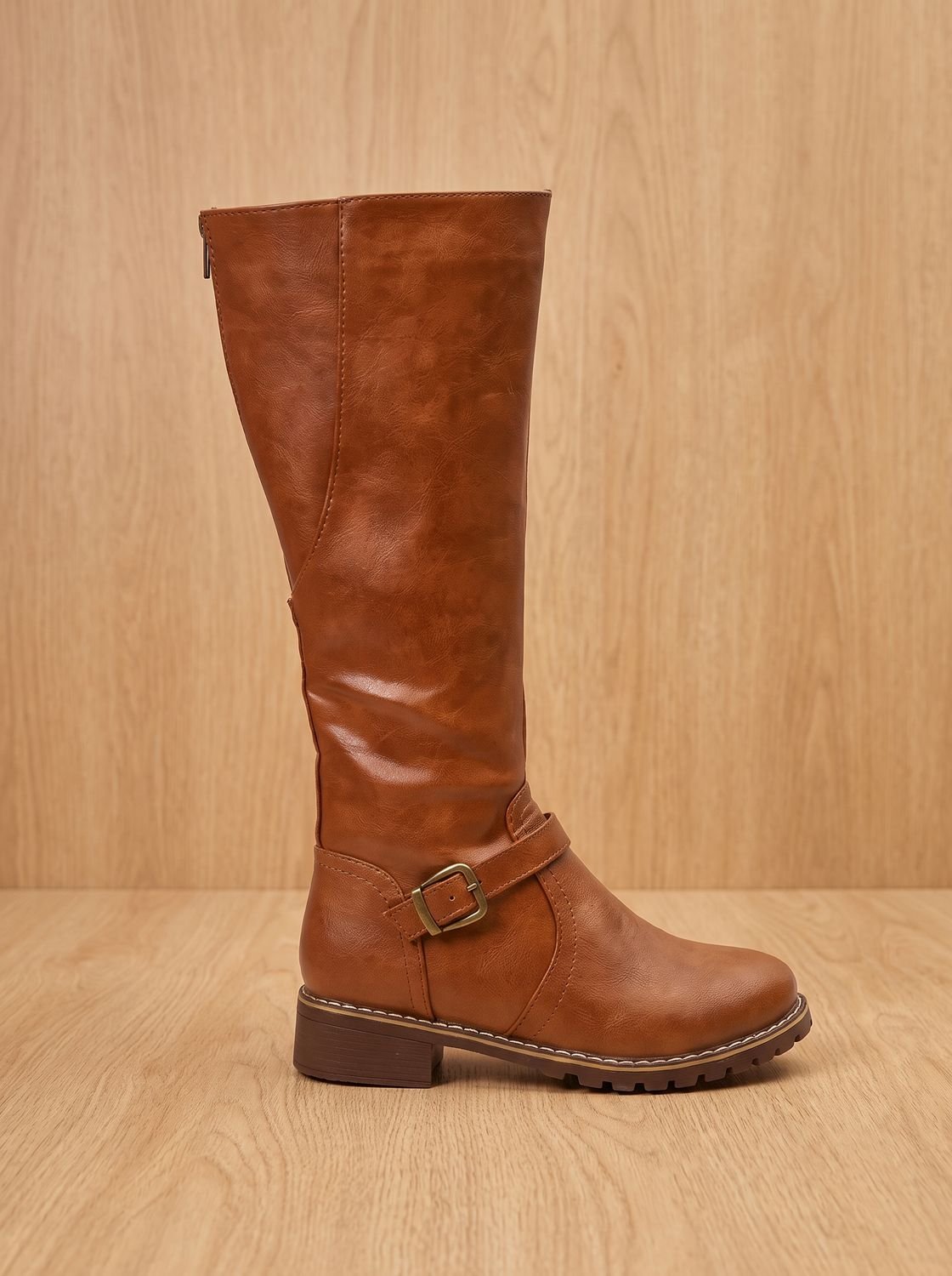 Women's Faux Leather Knee High Boots Buckle Side-Zip