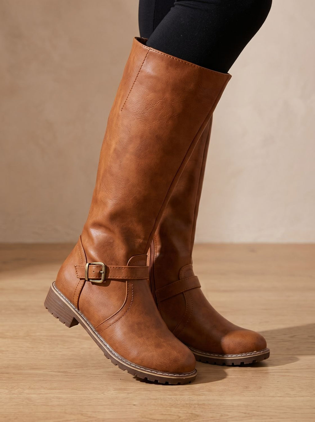 Women's Faux Leather Knee High Boots Buckle Side-Zip