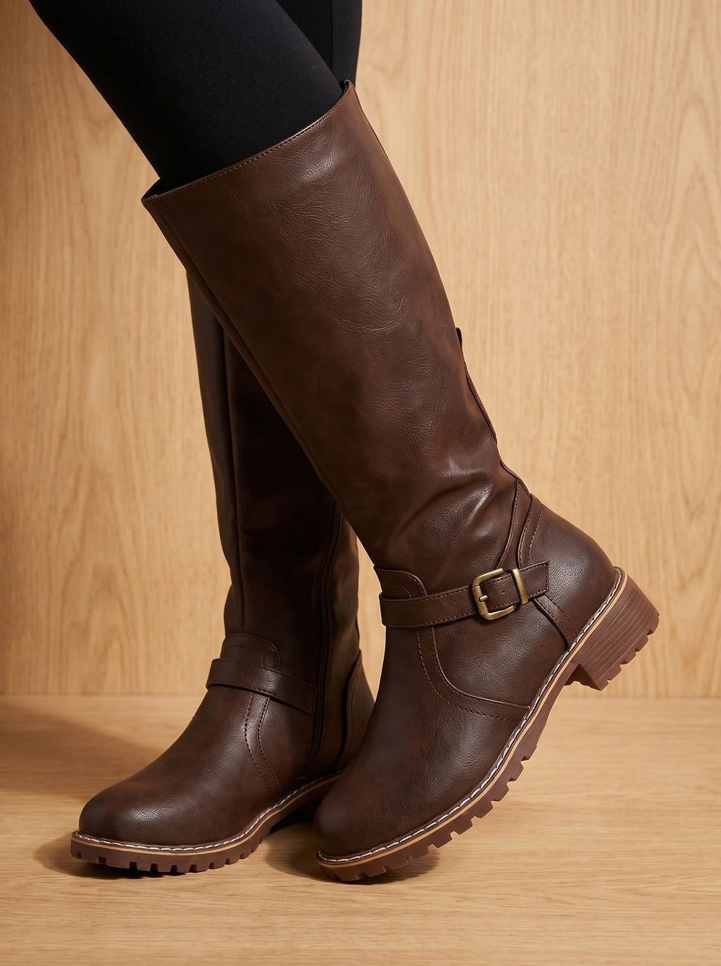 Women's Faux Leather Knee High Boots Buckle Side-Zip